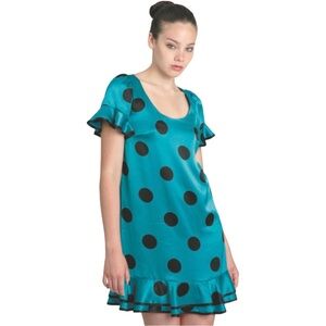 Betsey Johnson Original 100% Silk Blue And Black Polka Dot Mini Dress